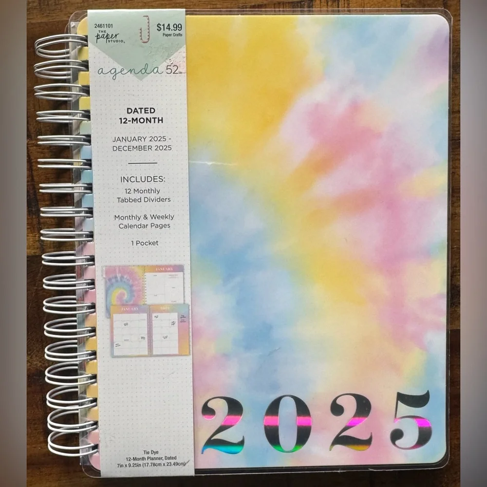Agenda 2025 Colorful Tie-Dye Dated Planner Tabbed Dividers Calendar NWT